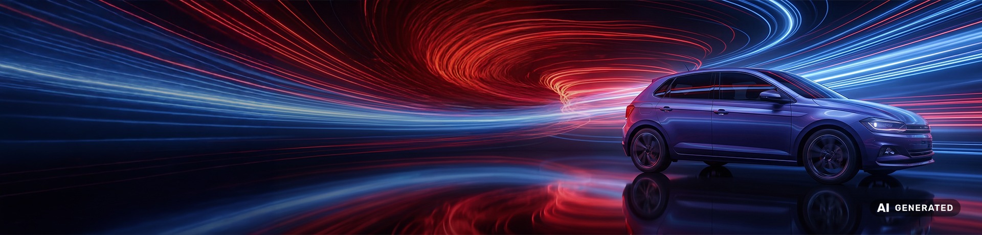 Blue car driving through a futuristic tunnel of red and blue light trails, reflected on a glossy surface, with a small “AI generated” label in the bottom right corner.