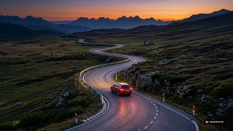 Vehicles drives through to woods to at sunset