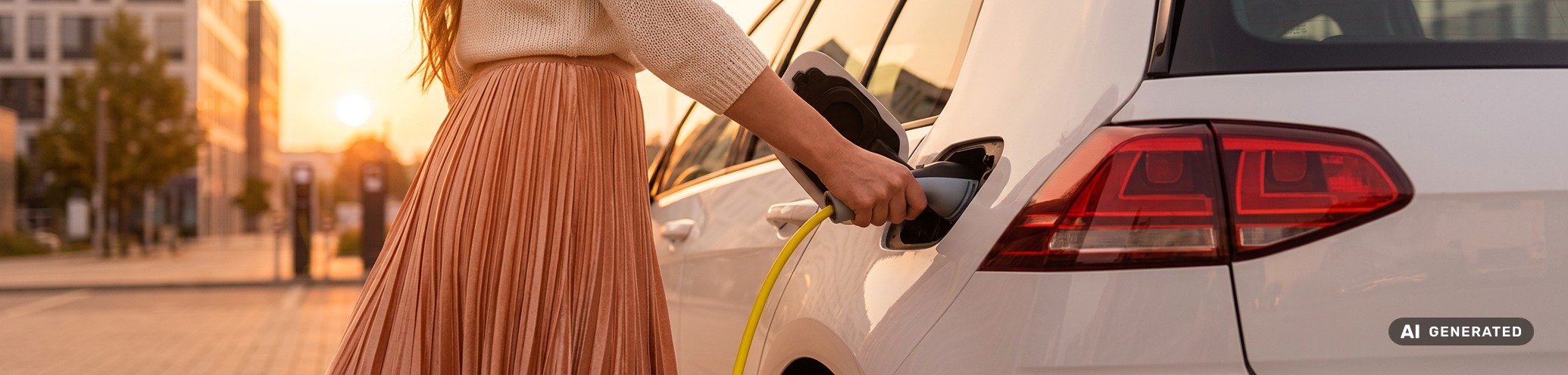 Close-up of a woman charging her electric car at a charging station.