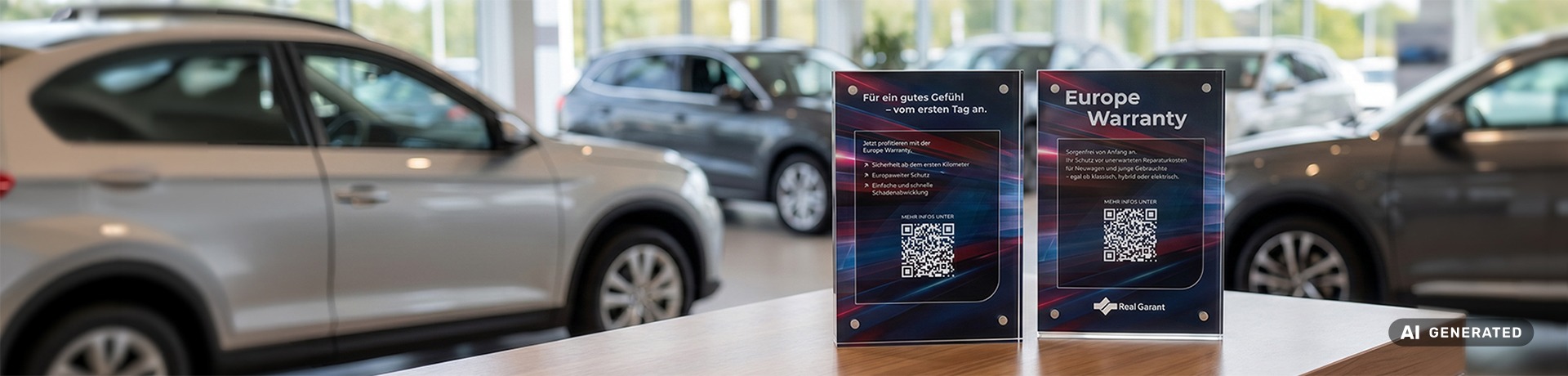 Close-up of the QR info displays on a table in a car showroom.