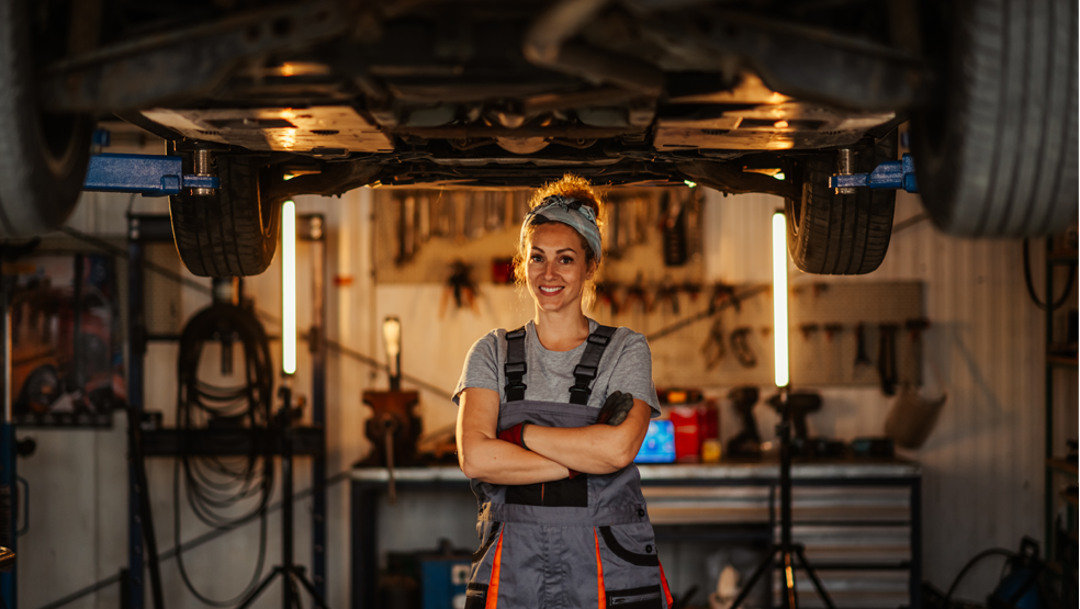 Women repairing a car in a workshop
