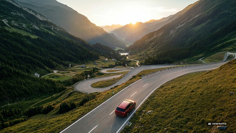 Vehicle driving into the sunset in the mountainside